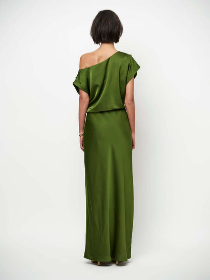 Epic Off-Shoulder Satin Maxi Dress - Basil Green