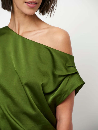 Epic Off-Shoulder Satin Maxi Dress - Basil Green