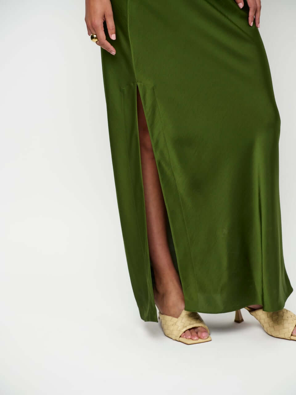 Epic Off-Shoulder Satin Maxi Dress - Basil Green