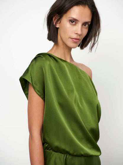 Epic Off-Shoulder Satin Maxi Dress - Basil Green