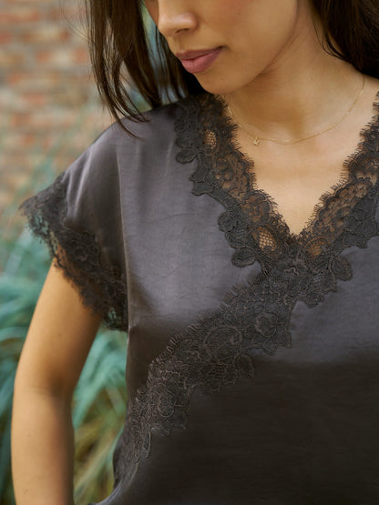 Benera Heavy Sateen Lace Blouse - Dark Brown Dark Brown