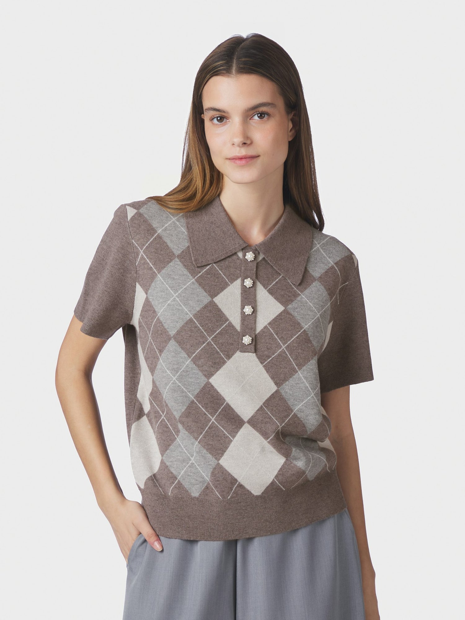 Gia Check Knit Blouse - Dark Taupe
