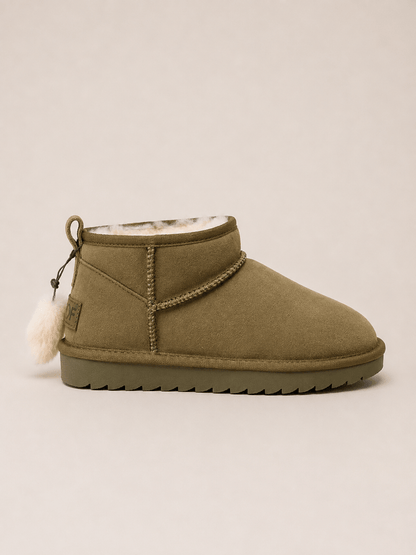 Kurzer Lammfellstiefel aus Veloursleder – Olivgrau