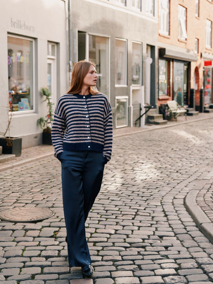 Isana Stripe Fluffy Knit Cardigan - Navy Striped Navy Striped