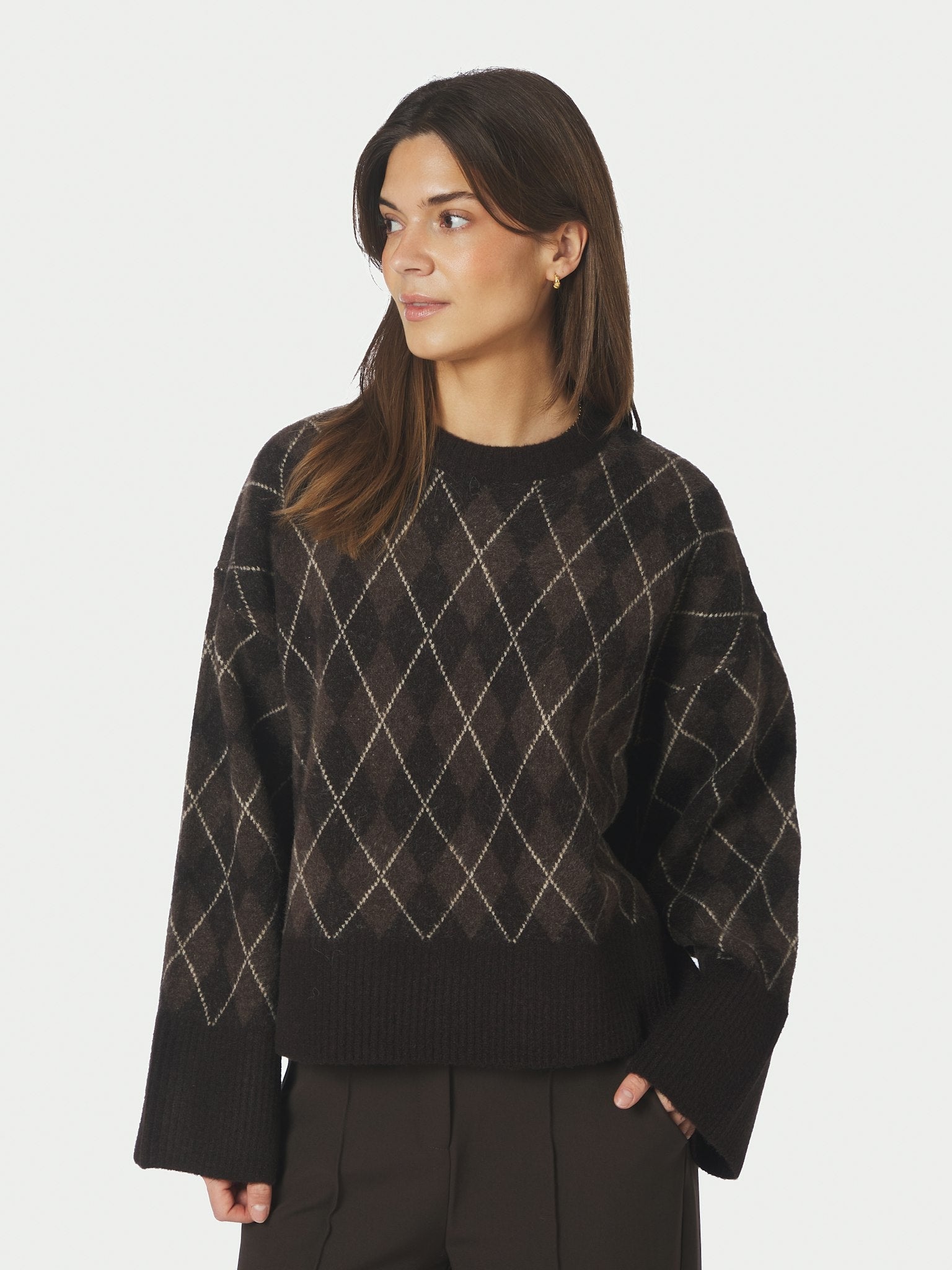 Kick Check Knit Blouse - Dark Brown