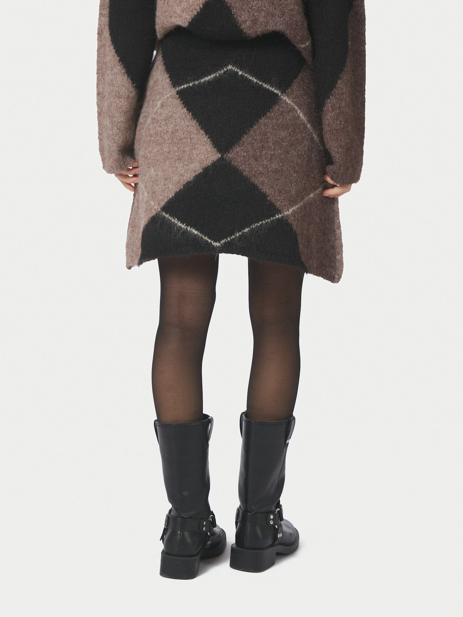 Gisa Check Fluff Knit Skirt - Dark Brown