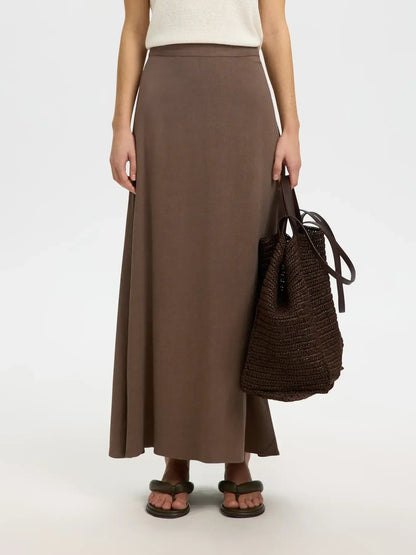 SLFviva HW Ankle Linen Blend Skirt - Chocolate Dip