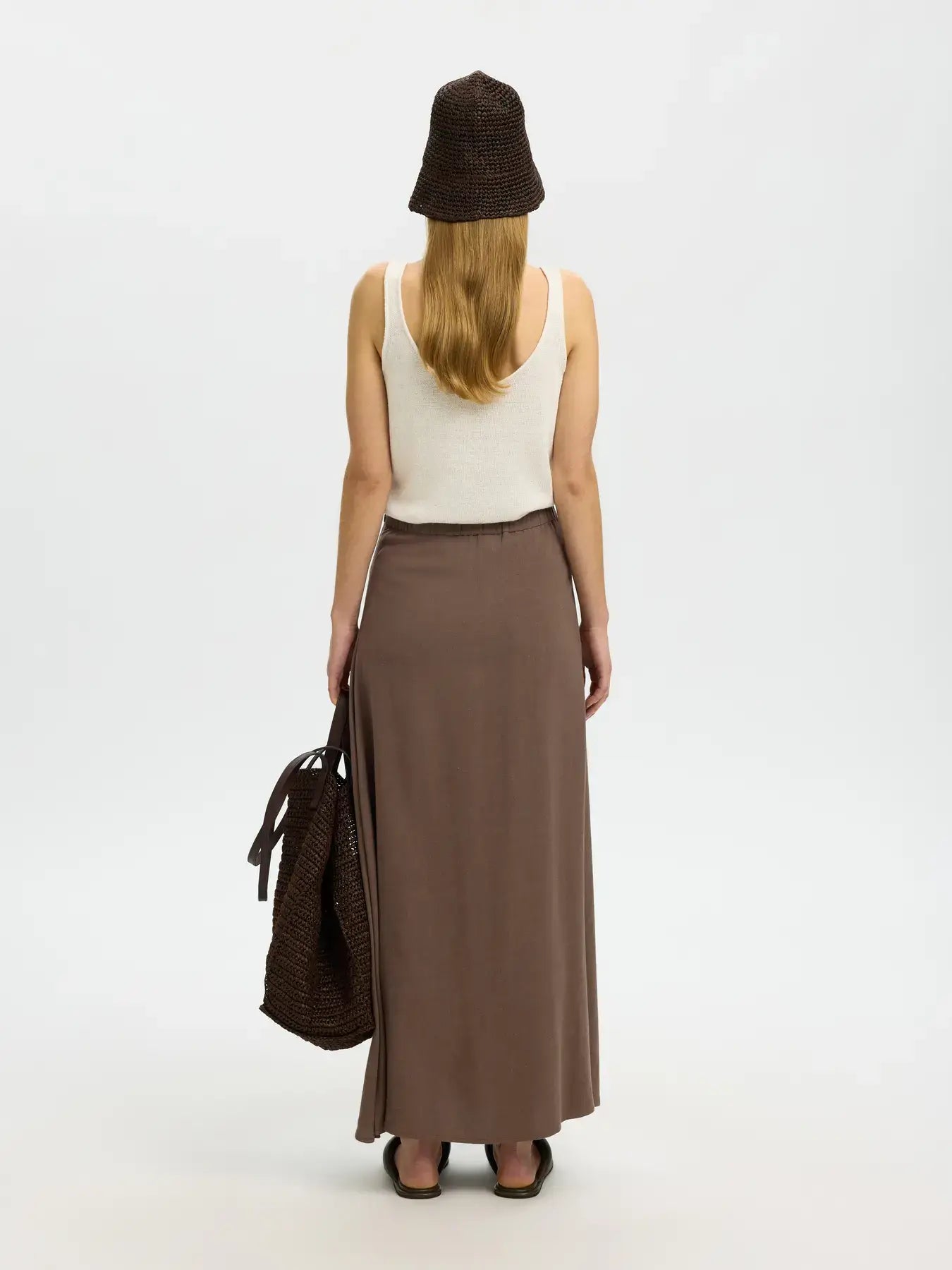 SLFviva HW Ankle Linen Blend Skirt - Chocolate Dip
