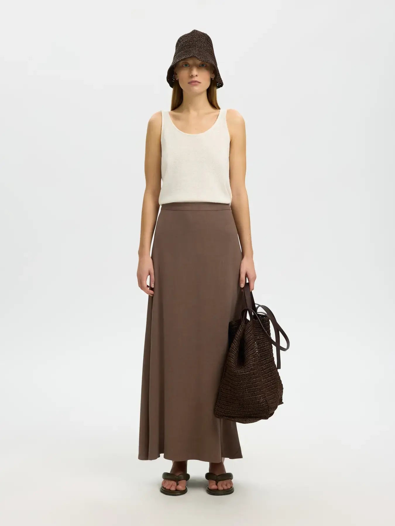 SLFviva HW Ankle Linen Blend Skirt - Chocolate Dip