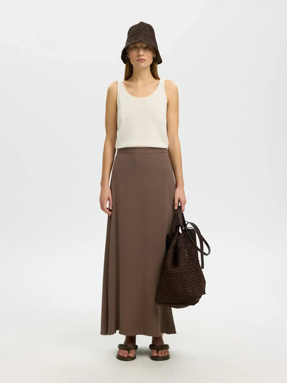 SLFviva HW Ankle Linen Blend Skirt - Chocolate Dip