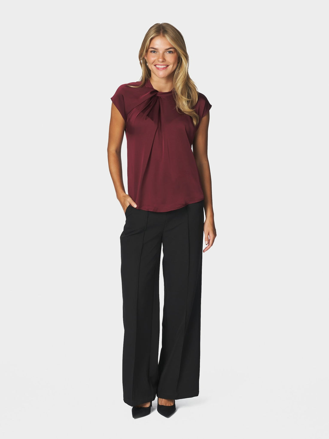 Fleur Drapy Satin Blouse - Burgundy