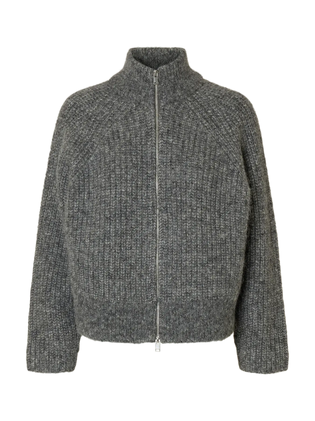 SLFanjuli LS knit Zip - med. grey mel.