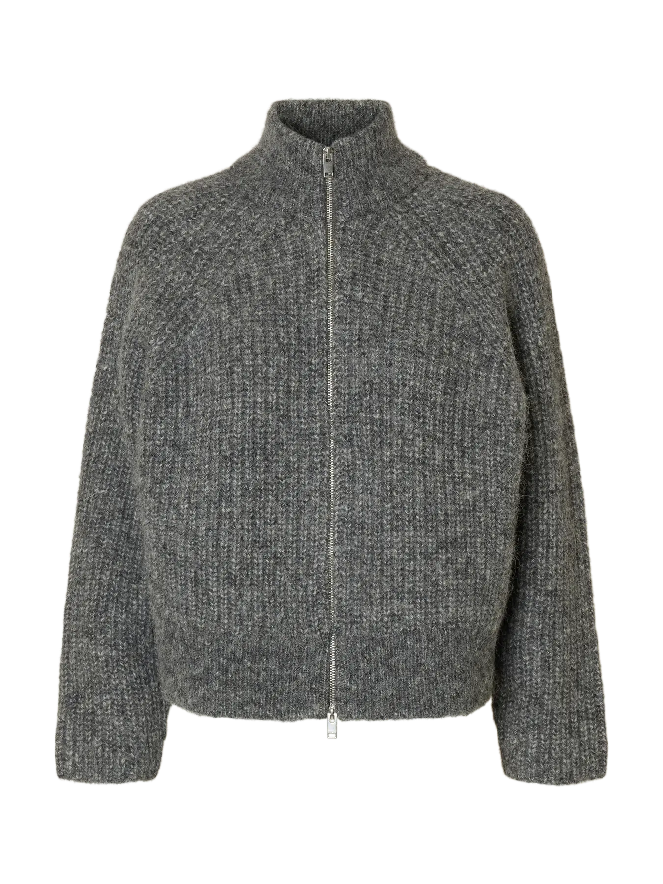 SLFanjuli LS knit Zip - med. grey mel.