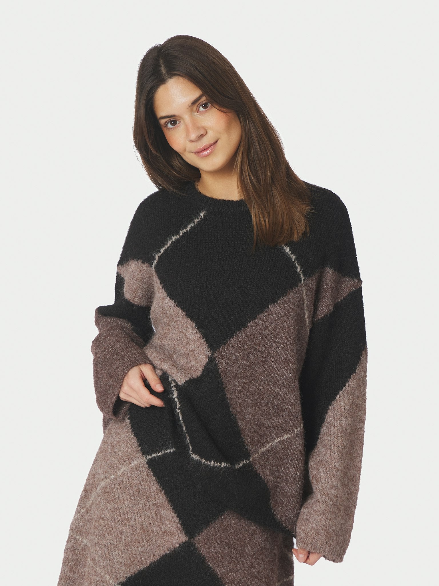 Inga Check Fluff Knit Blouse - Dark Brown
