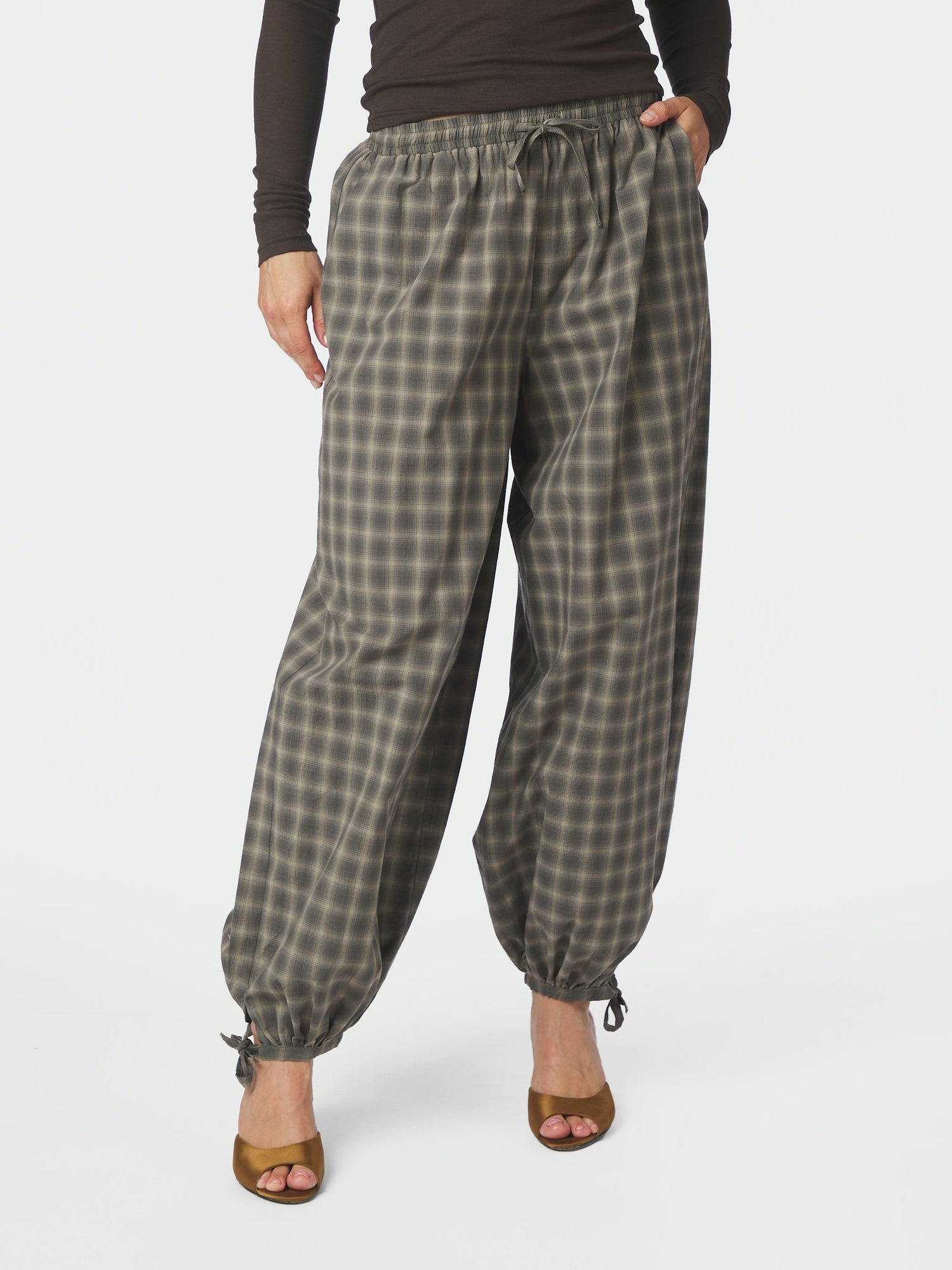 Roxane Balloon Checked Pants - Dusty Army