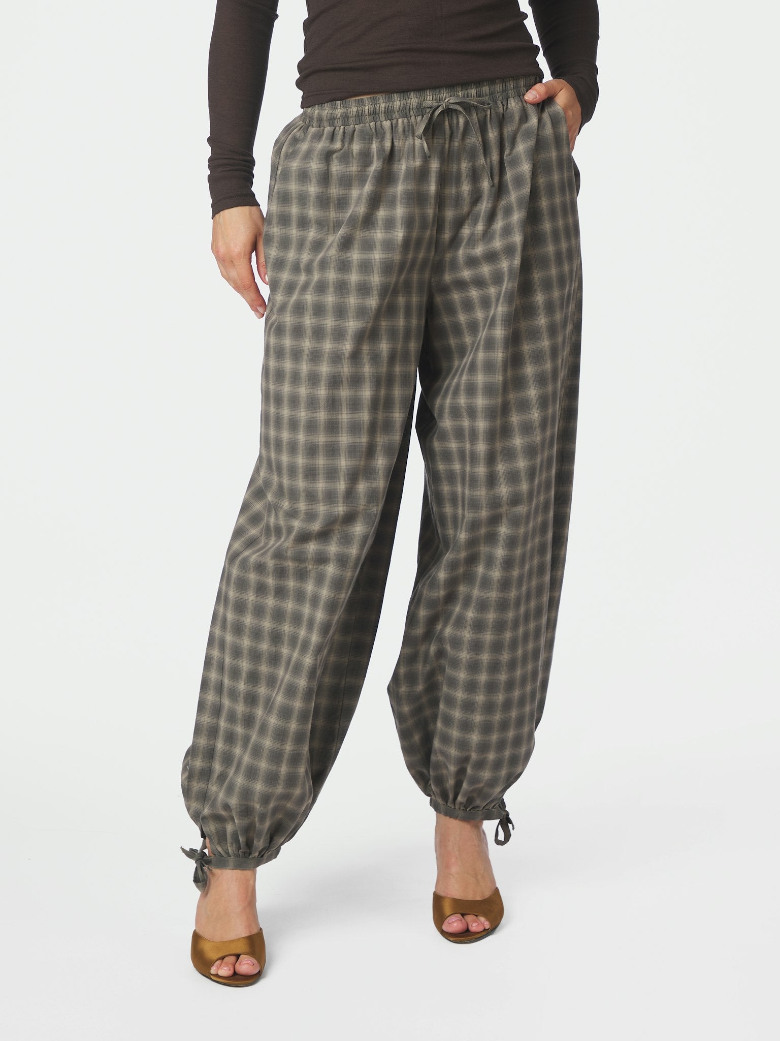 Roxane Balloon Checked Pants - Dusty Army