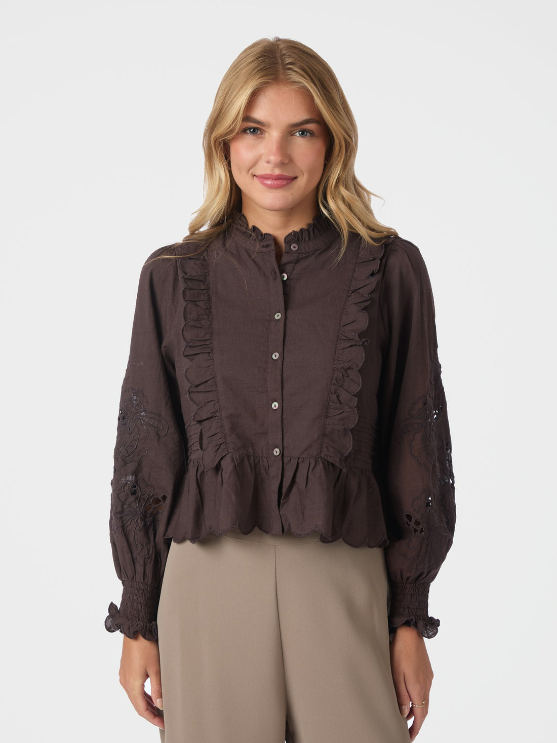 Petrine Embroidery Blouse - Dark Brown