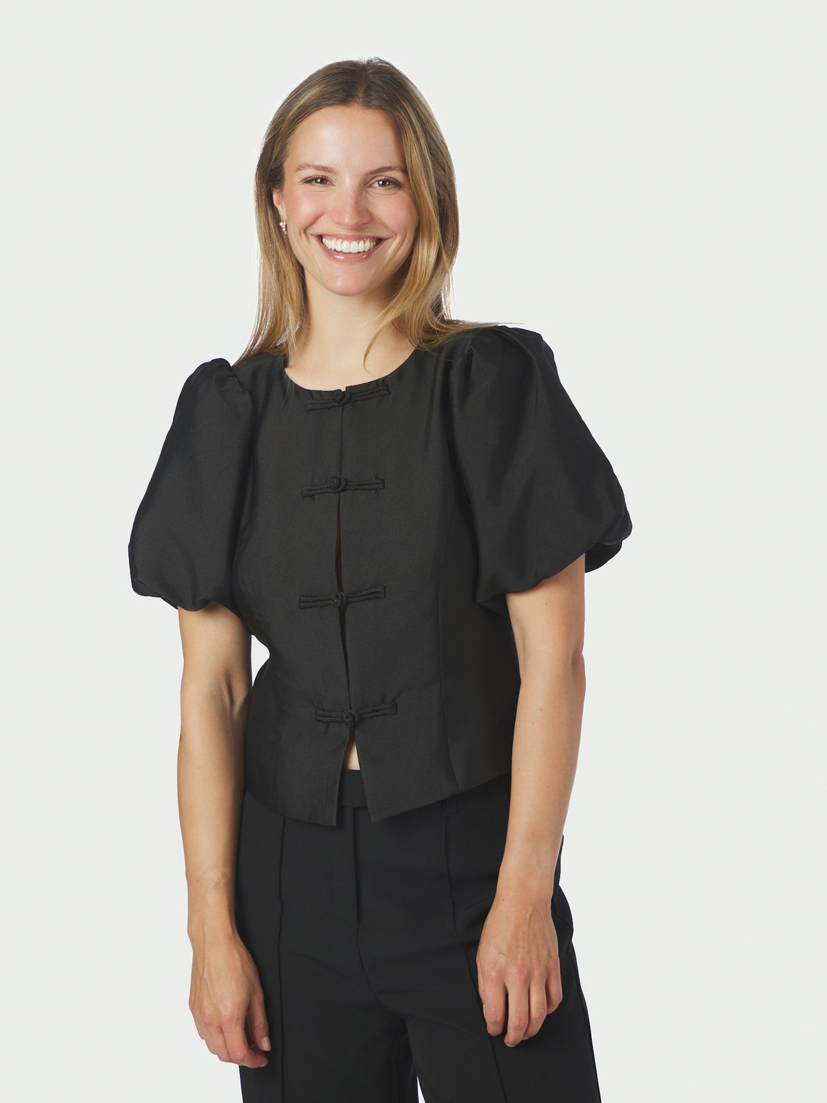 Anela Mandarin Dull Satin Blouse - Black