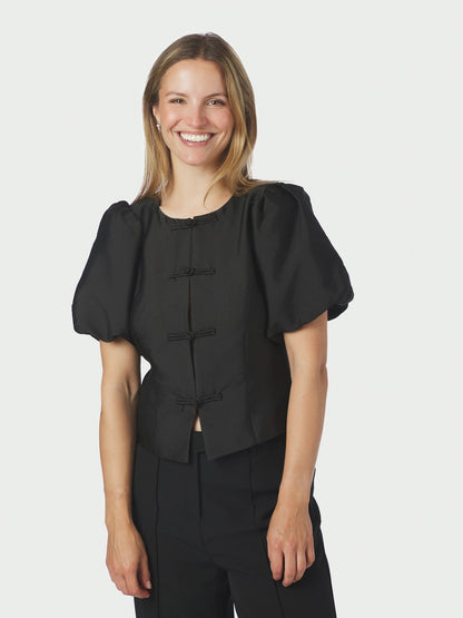 Anela Mandarin Dull Satin Blouse - Black