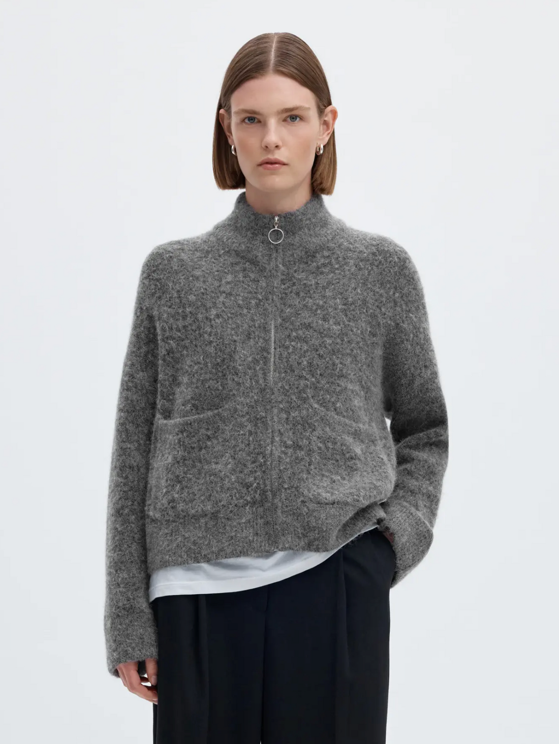 SLFsia Ras LS Knit Zipper Cardigan - Medium Grey Mel.