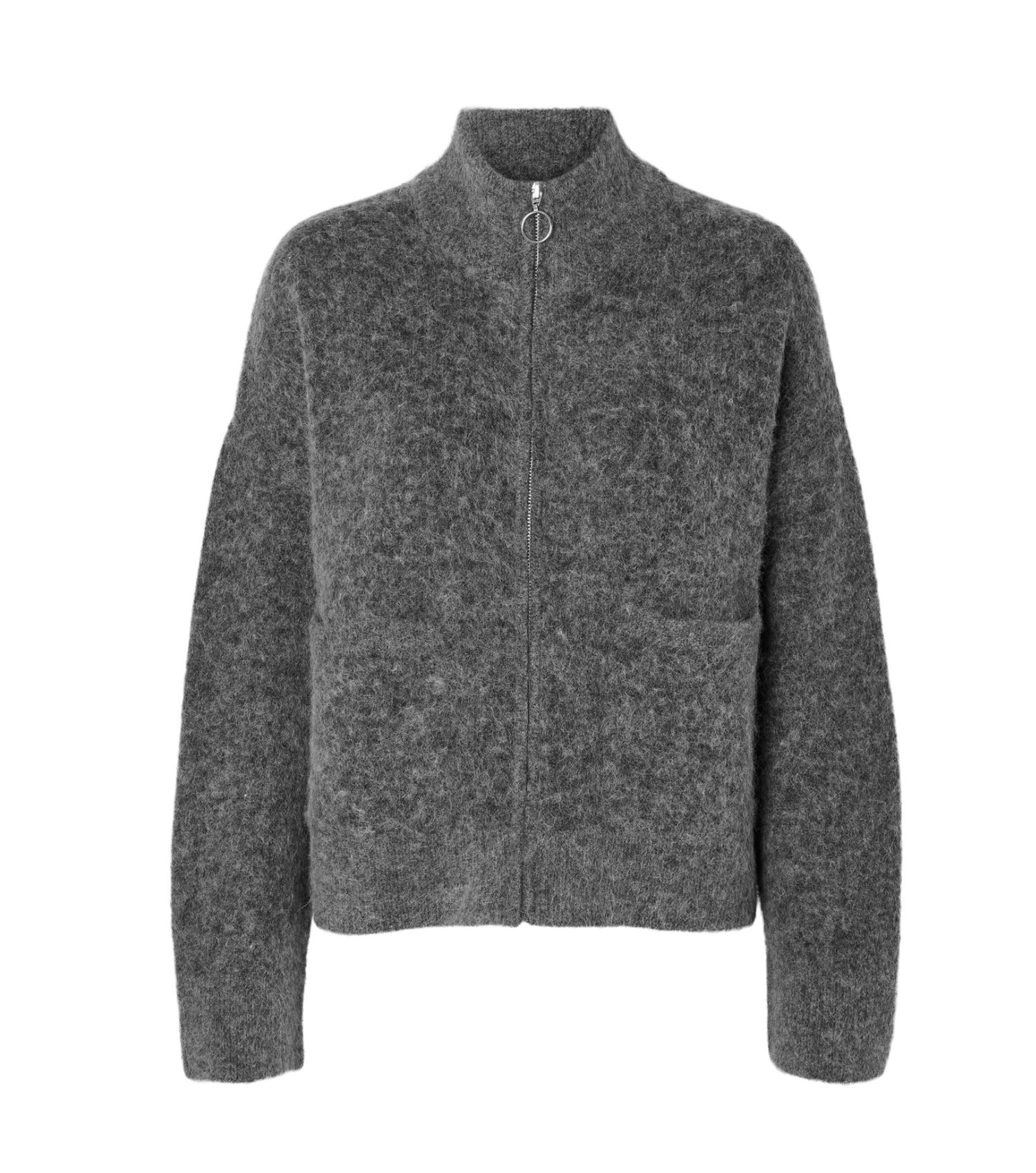 SLFsia Ras LS Knit Zipper Cardigan - Medium Grey Mel.