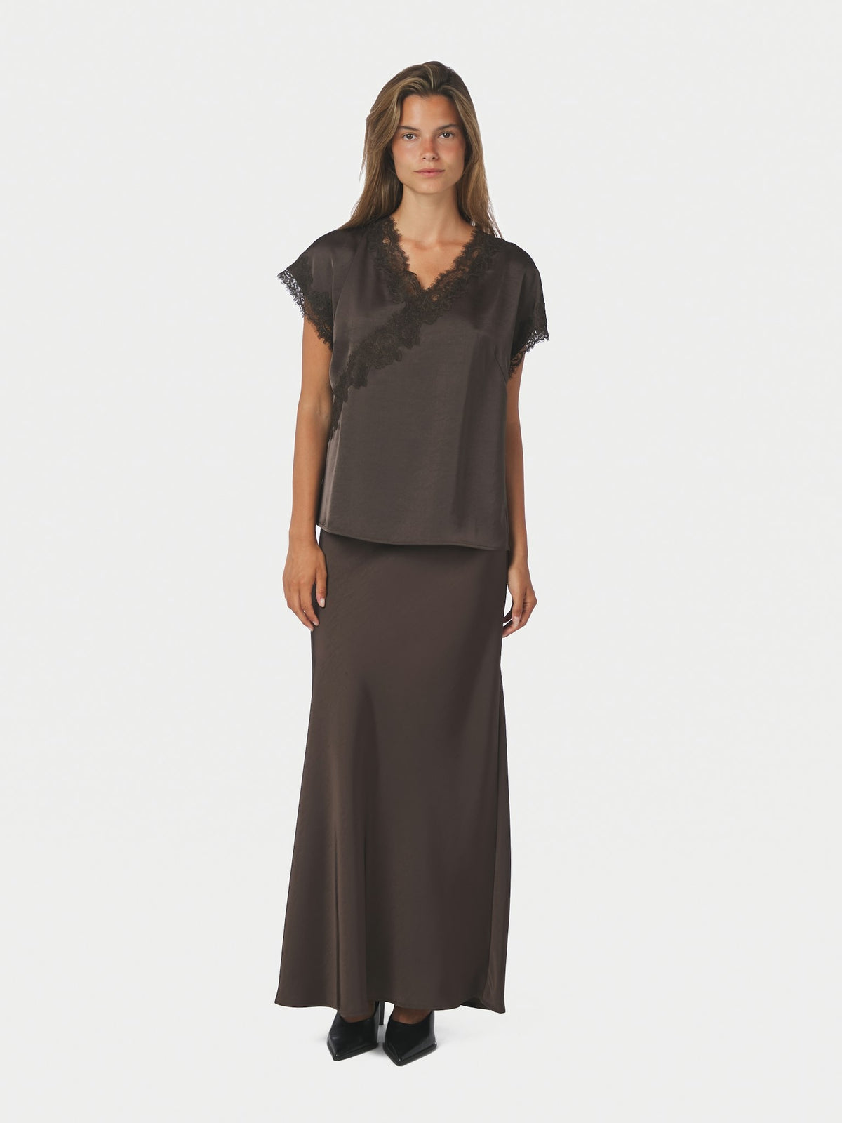 Benera Heavy Sateen Lace Blouse - Dark Brown Dark Brown
