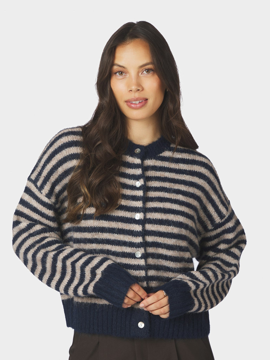 Isana Stripe Fluffy Knit Cardigan - Navy Striped Navy Striped