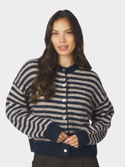 Isana Stripe Fluffy Knit Cardigan - Navy Striped Navy Striped