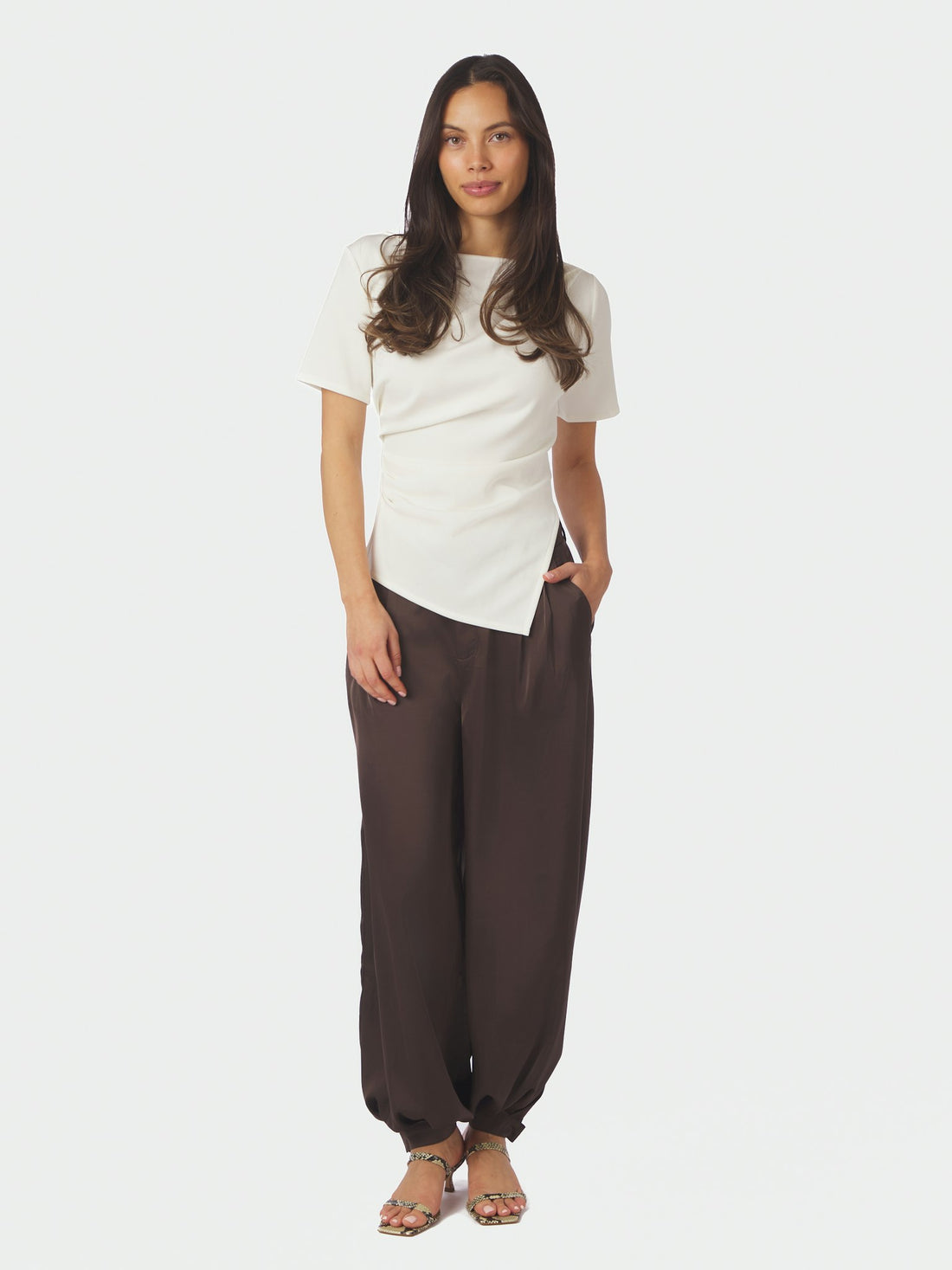 Fayla Drapy Satin Balloon Pants - Dark Brown