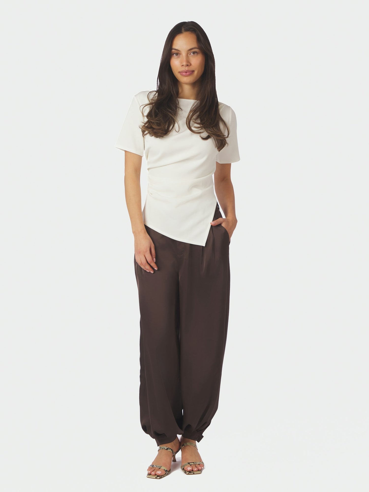 Fayla Drapy Satin Balloon Pants - Dark Brown