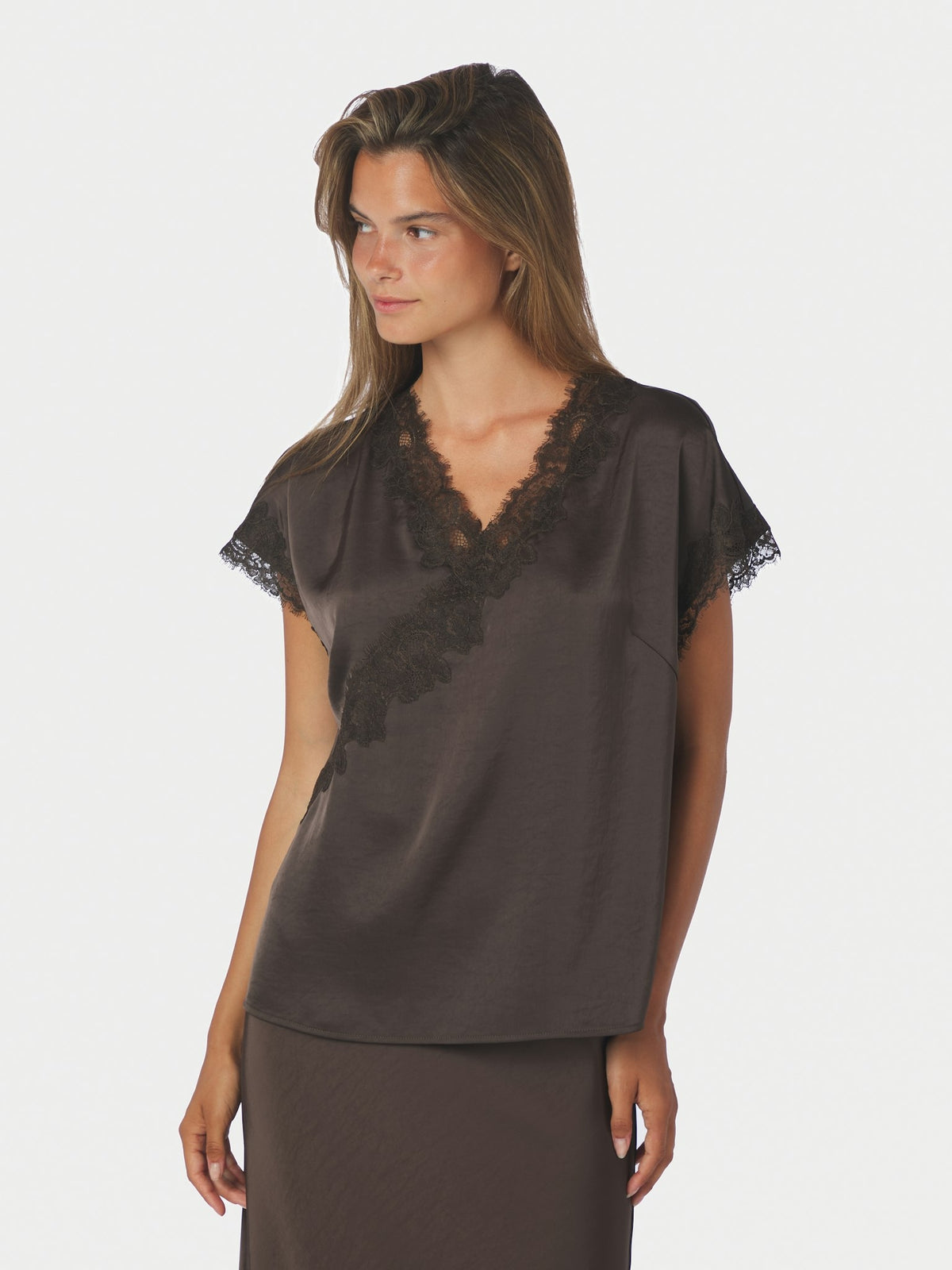 Benera Heavy Sateen Lace Blouse - Dark Brown Dark Brown