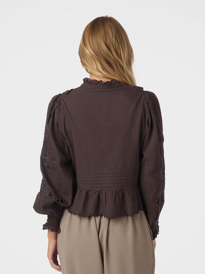 Petrine Embroidery Blouse - Dark Brown