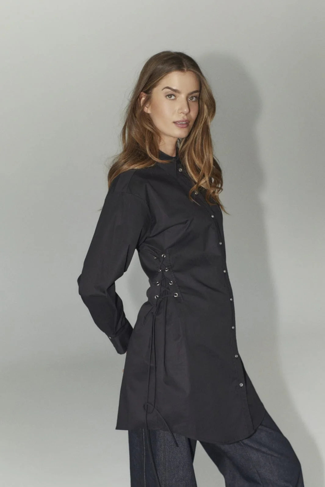 PoppyCC Eyelet Tie Shirt Dress - Black