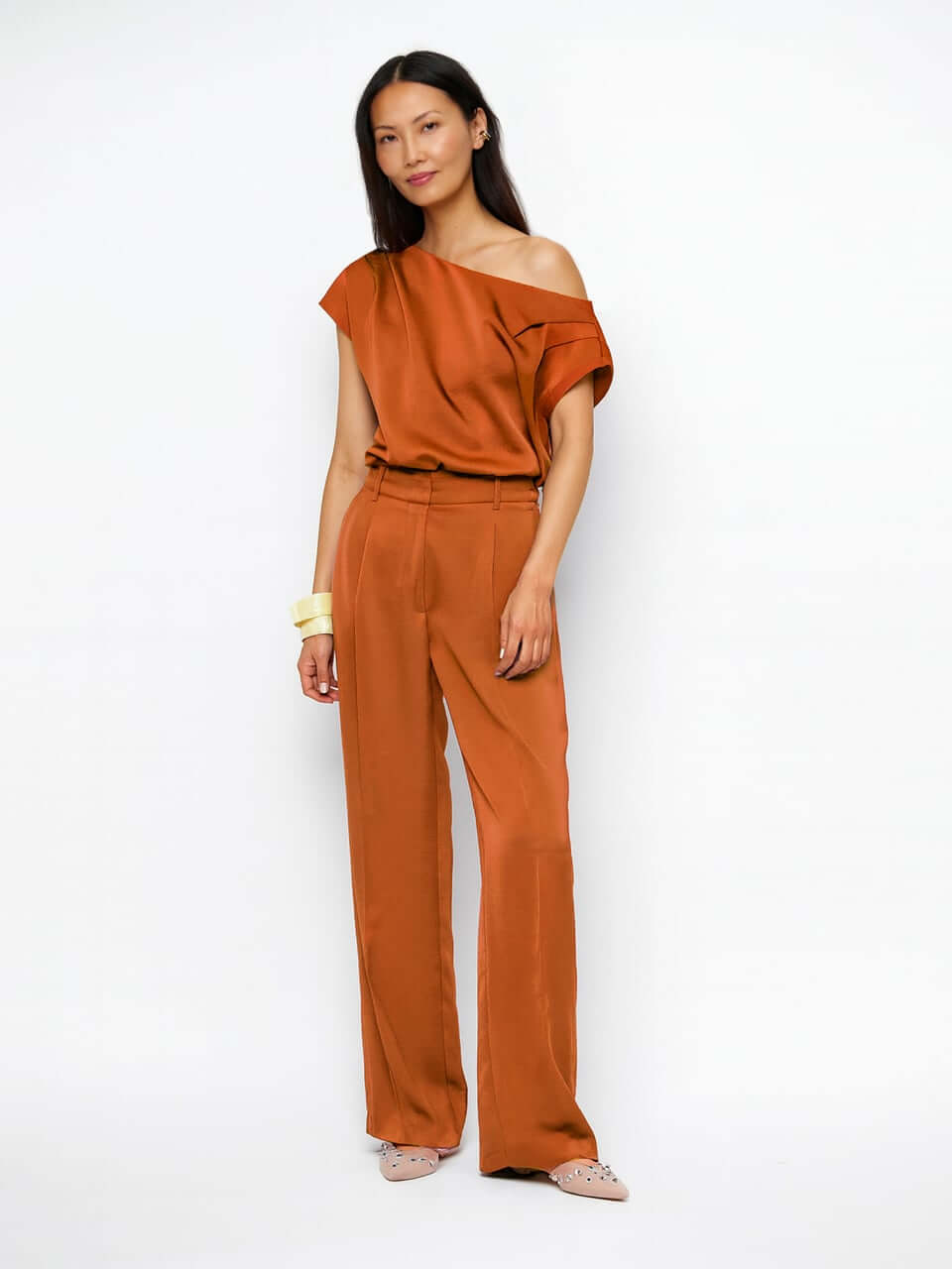 Jules Satin Smart Pants - Sunset Orange