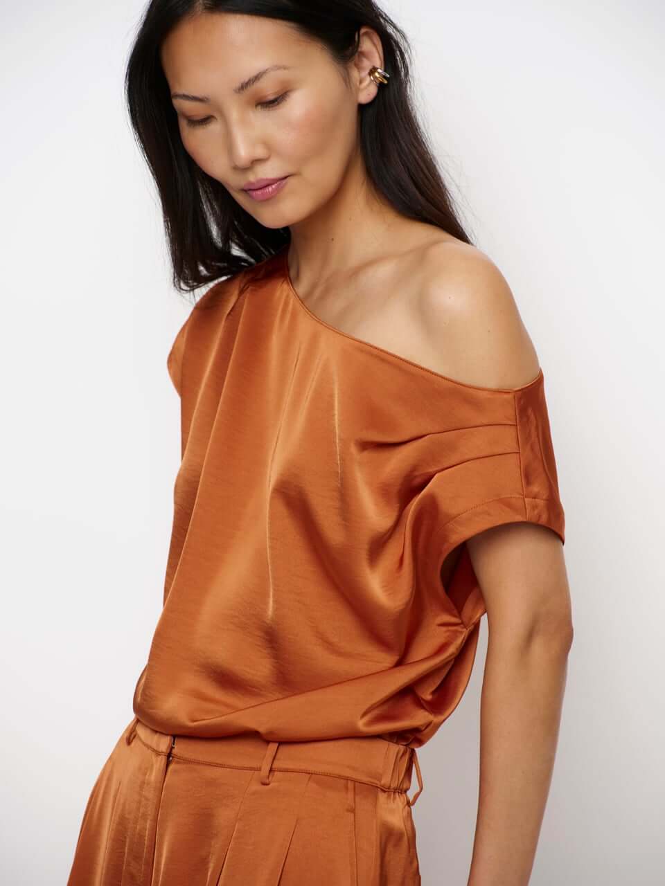 Roam Satin Drapey Top - Sunset Orange