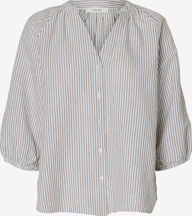 SLFcleo-Alberta Linen Blend Shirt - Bright White Chocolate Chip Stripes