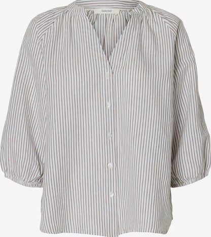 SLFcleo-Alberta Linen Blend Shirt - Bright White Chocolate Chip Stripes