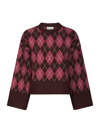 Kick Check Knit Blouse - Wine