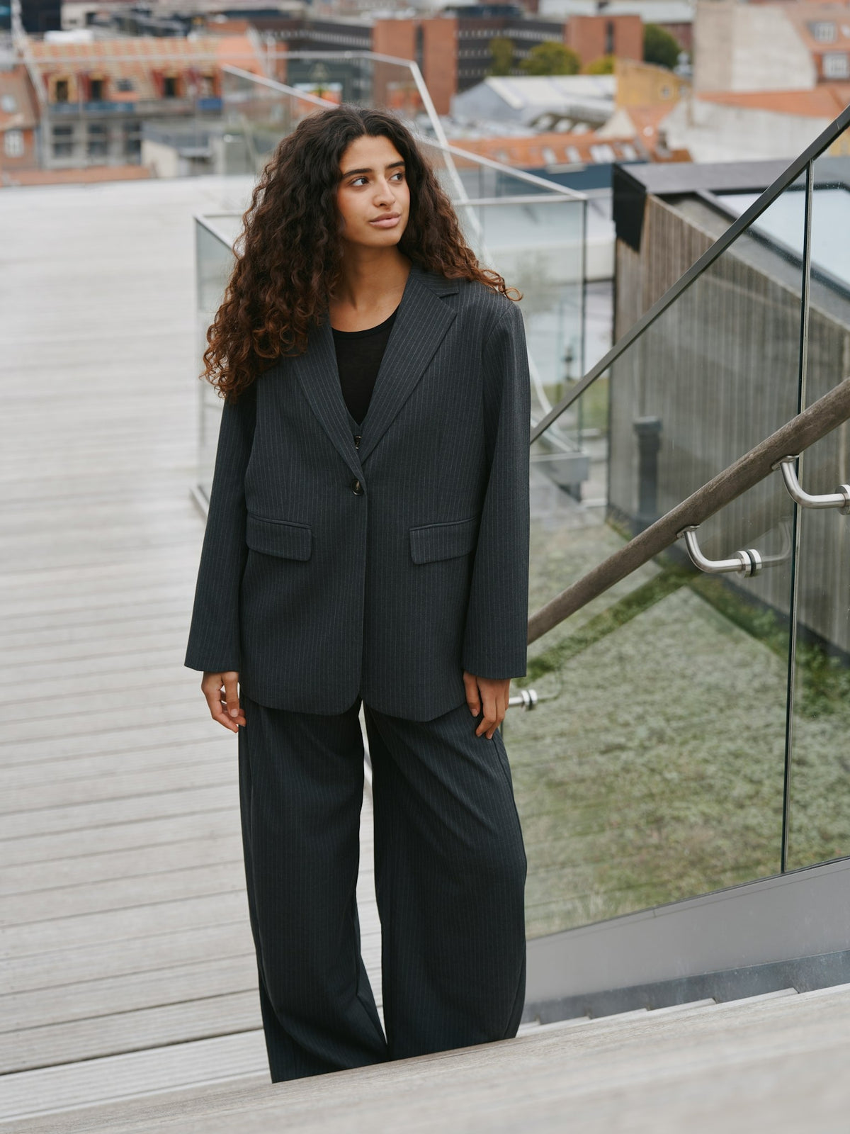 Aarielle Slim Pinstripe Blazer - Dark Grey Melange
