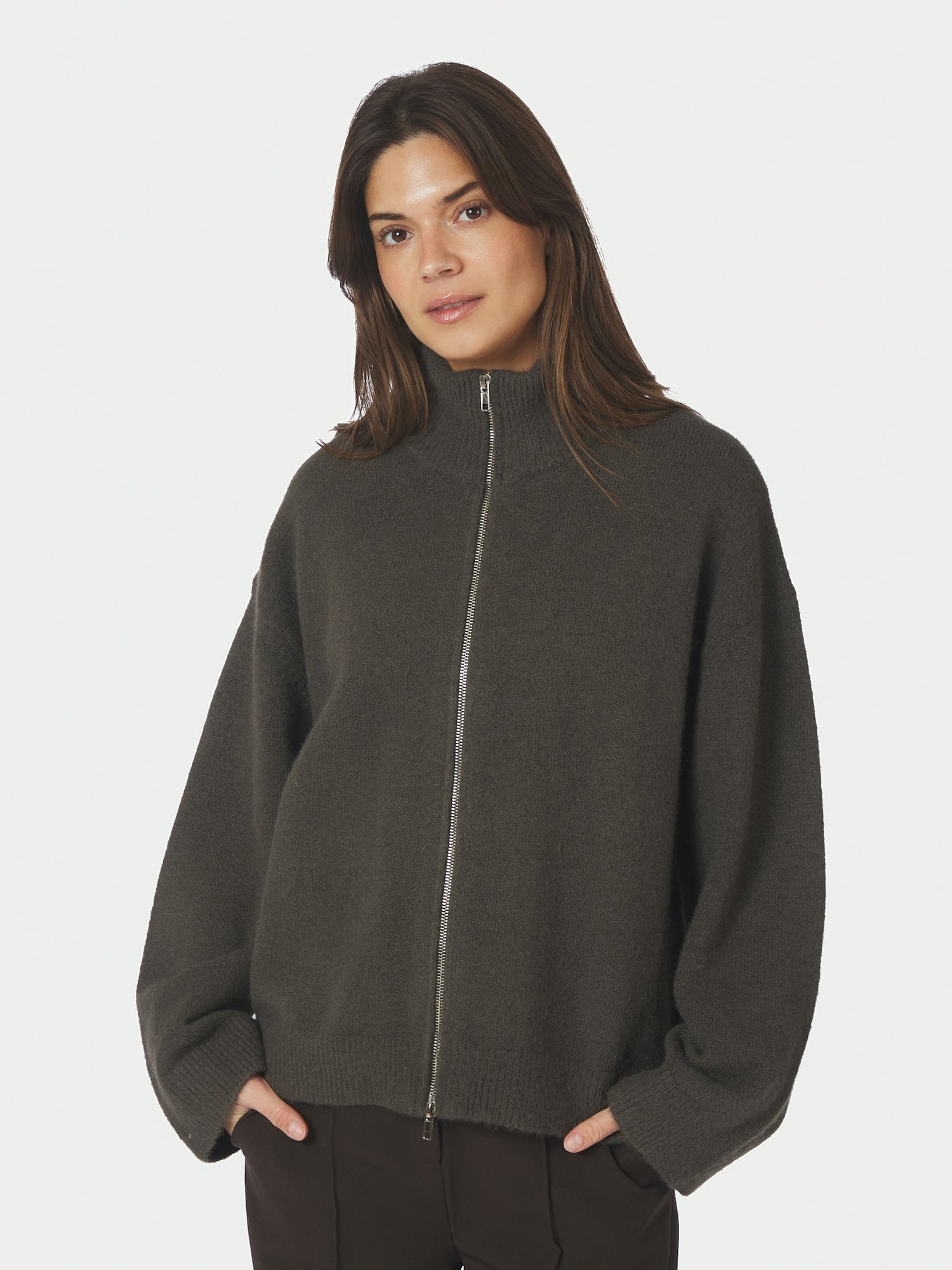 Asley Zip Knit Cardigan - Moss Green