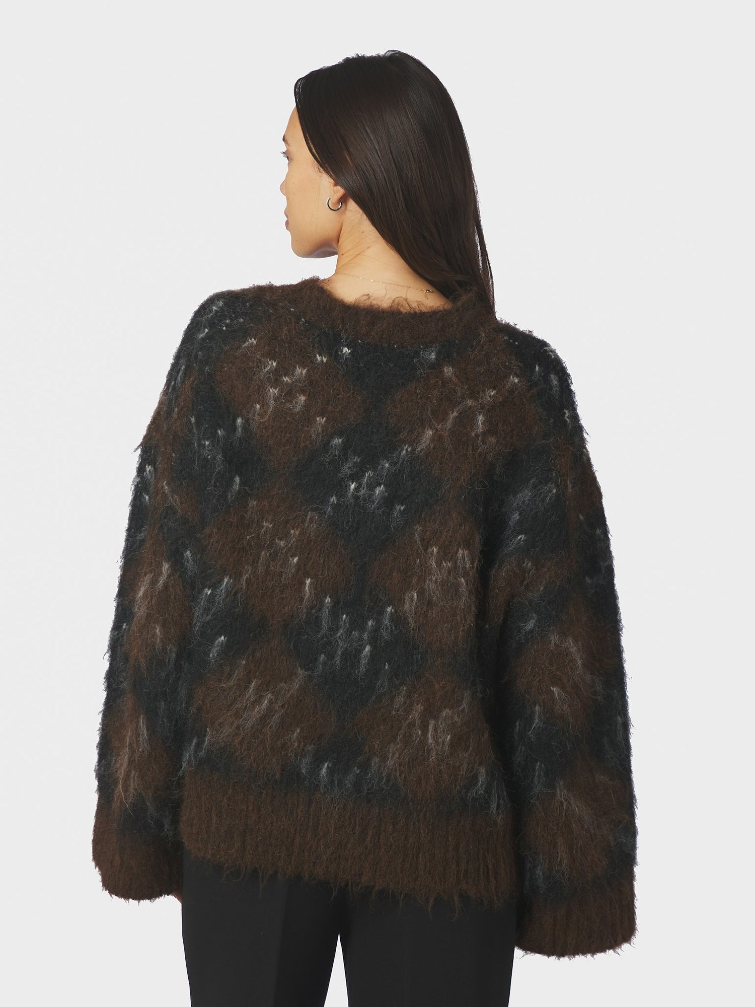 Roeme Check Fluffy Knit Blouse - Dark Brown