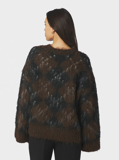 Roeme Check Fluffy Knit Blouse - Dark Brown