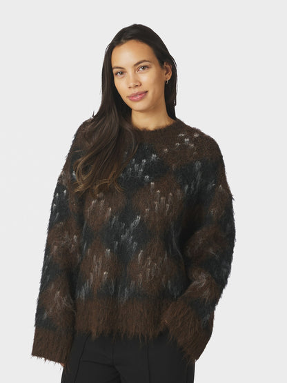 Roeme Check Fluffy Knit Blouse - Dark Brown
