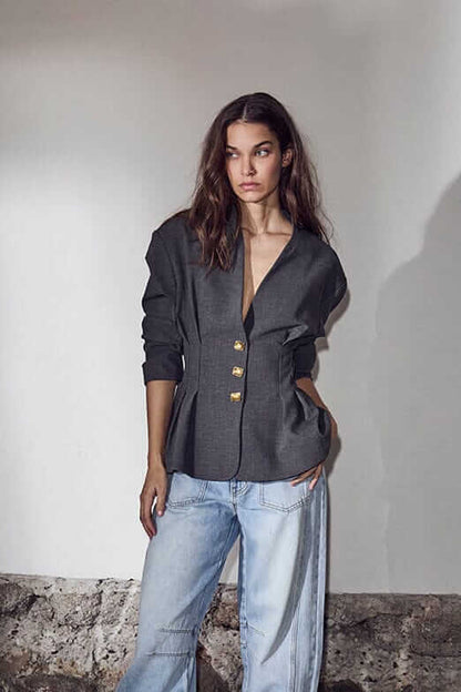 Enna Waist Pleat Blazer - Antracit
