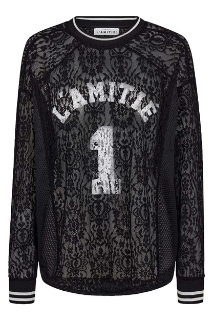 Lace LS Football Blouse - Black