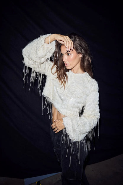 Sequin Fringe Blouse - Pearl