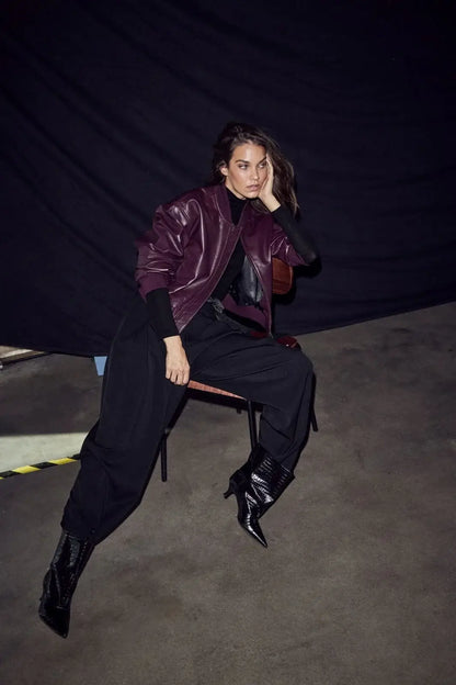 Yasmin Leather Bomber Jacket - Wine