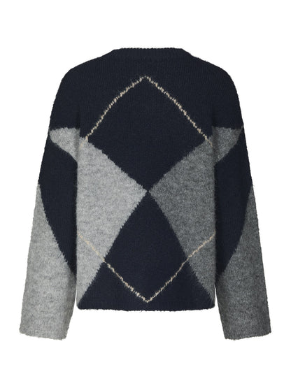 Inga Check Fluff Knit Blouse - Navy