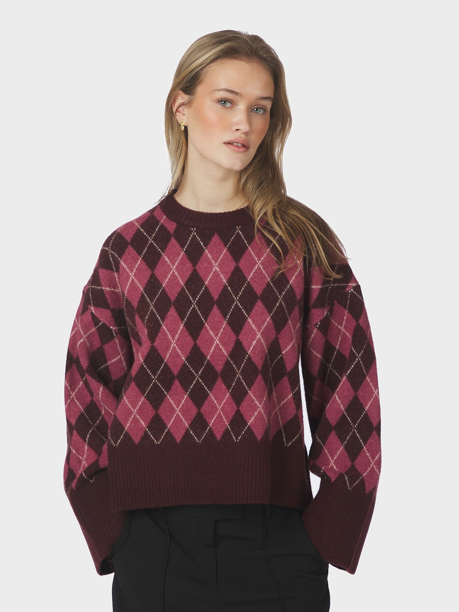 Kick Check Knit Blouse - Wine