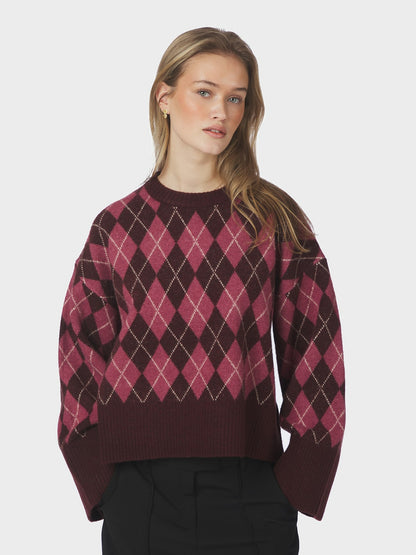 Kick Check Knit Blouse - Wine